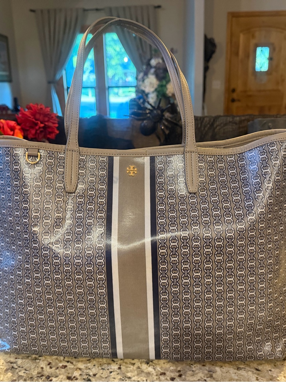 Tory Burch  Monogram Stripe Tote with Gold Logo